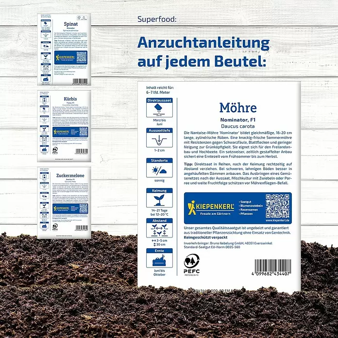 Kiepenkerl Saatgut Bundel Superfood - Mischung, 6 Stk. - Saatguttüten für Karotte, Spinat, Kürbis und Melone mit Pflanzanleitungen, auf Erde liegend.