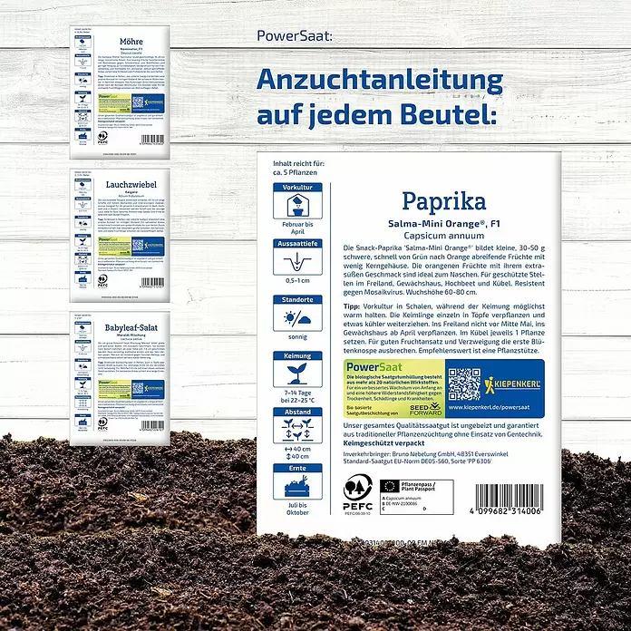 Kiepenkerl Saatgut Bundle PowerSaat - Mischung, 6 Stk. - Weißes Saatgutpäckchen für Paprika 'Salma-Mini Orange' mit deutscher Anzuchtanleitung und Piktogrammen.