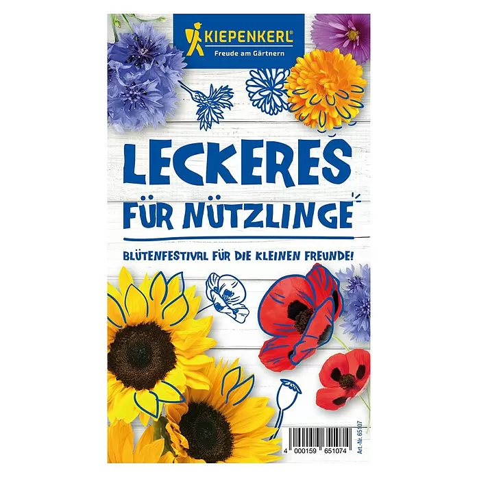 Kiepenkerl Saatgut Bundle Leckeres für Nützlinge - Mischung, 6 Stk. - KIEPENKERL Samenpackung für nützlingsfreundliche Blumen, mit bunten Blumenmotiven und blauem Text.