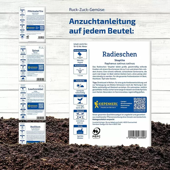 Kiepenkerl Saatgut Bundle Ruck-Zuck-Gemüse - Mischung, 6 Stk. - Samentüten mit deutscher Anzuchtanleitung für Gemüse, prominent eine Radieschen-Packung.