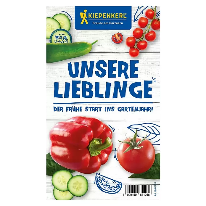 Kiepenkerl Saatgut Bundle Unsere Lieblinge - Mischung, 6 Stk. - Kiepenkerl Verpackung mit dem Text „Unsere Lieblinge“, Gurke, Tomaten und rotem Paprika.