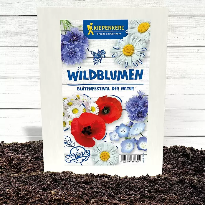 Wildblumensamen - 'Blütenfestival der Natur' - Weißer Kiepenkerl Wildblumensamenbeutel mit farbigen Blumenillustrationen steht aufrecht in dunkler Erde.