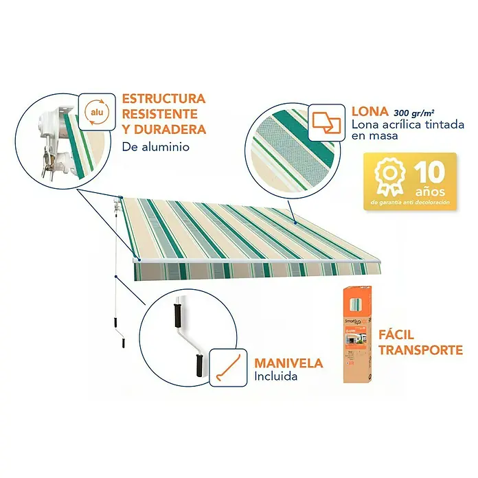 SmartSun Toldo de brazos extensibles Original Kit Acrílico - Beige/Verde, Ancho: 4 m, Caída: 2,5 m - Imagen de un toldo SmartSun con estampado de rayas, estructura de aluminio duradera y manivela, diseñado para un fácil transporte y protección solar duradera.