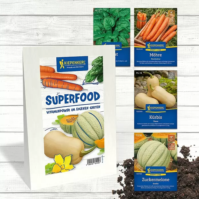 Kiepenkerl Saatgut Bundel Superfood - Mischung, 6 Stk. - Saatgutpackungen für verschiedene Gemüse- und Obstarten, darunter Karotten, Spinat, Melone und Kürbis.