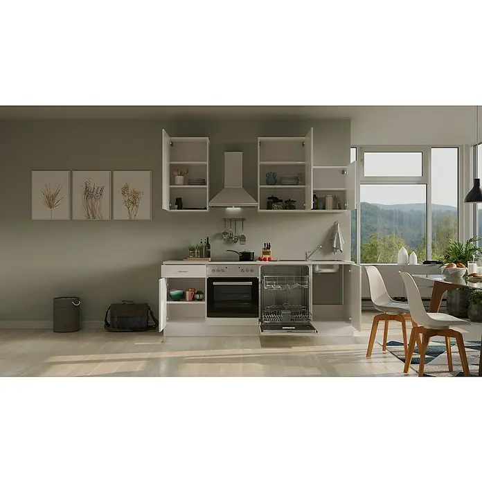Flex-Well Wito Küchenzeile Typ 1 - Breite: 220 cm, Höhe: 234 cm, Weiß, Mit Elektrogeräten - Ein helles, modernes Küchendesign mit weißen Schränken, einem Edelstahlherd und Geschirrspüler, ergänzt durch Holzböden und dezente Wandkunst.