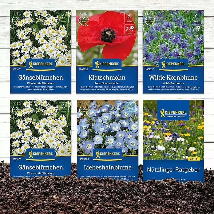 Wildblumensamen - 'Blütenfestival der Natur' - Sechs bunte Kiepenkerl Blumensamen-Packungen, darunter Gänseblümchen, Klatschmohn und Kornblumen, auf dunkelbrauner Erde arrangiert.