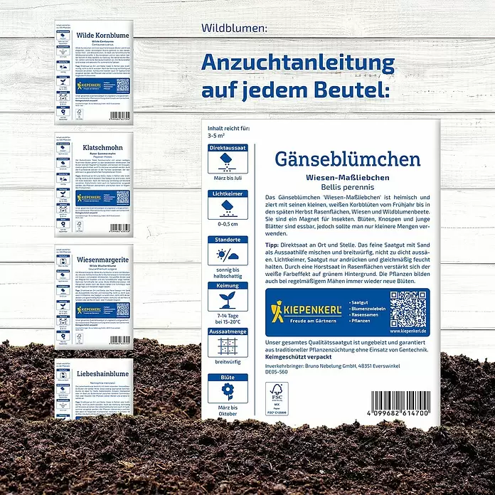 Wildblumensamen - 'Blütenfestival der Natur' - KIEPENKERL Gänseblümchen Samenpackung mit weißer Gänseblümchen-Illustration und ausführlicher deutscher Anzuchtanleitung.