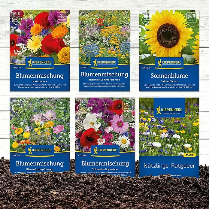 Kiepenkerl Saatgut Bundle Leckeres für Nützlinge - Mischung, 6 Stk. - Sechs KIEPENKERL Saatgutpackungen für verschiedene Blumenmischungen und Sonnenblumen sowie ein Nützlings-Ratgeber auf Erde.