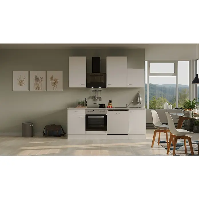 Flex-Well Wito Küchenzeile - Breite: 220 cm, Höhe: 234 cm, Weiß, Mit Elektrogeräten - Eine moderne, weiße Küche mit klaren Linien und einem minimalistischen Design, inklusive Dunstabzugshaube und Essbereich.