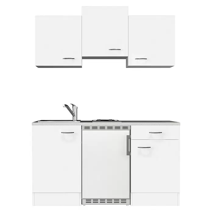 Flex-Well Wito Singleküche - Breite: 150 cm, Weiß, Mit 2 Platten-Kochfeld - Weiße Modulküche mit Oberschränken, Spüle, Kochfeld und integriertem Gerät.