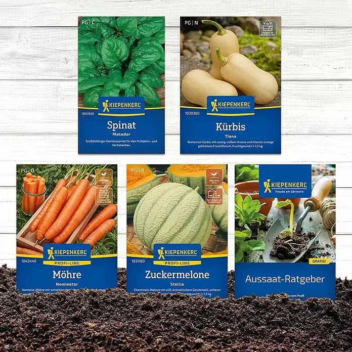 Kiepenkerl Saatgut Bundel Superfood - Mischung, 6 Stk. - Kollektion von KIEPENKERL Samenpaketen für Spinat, Kürbis, Möhren und Zuckermelone, plus Aussaat-Ratgeber, auf Erdboden präsentiert.