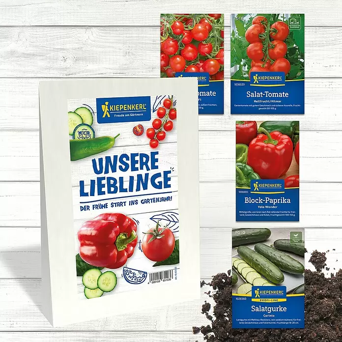 Kiepenkerl Saatgut Bundle Unsere Lieblinge - Mischung, 6 Stk. - Sortiment von Kiepenkerl Gemüsesamenpäckchen für Tomaten, Paprika und Gurken.