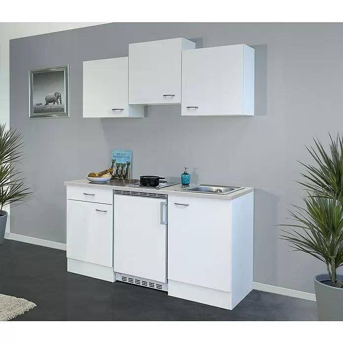 Flex-Well Wito Singleküche - Breite: 150 cm, Weiß, Mit 2 Platten-Kochfeld - Eine kompakte weiße Küchenzeile mit Spüle, Kochfeld, Kühlschrank und passenden Wandschränken, ideal für kleine Räume.