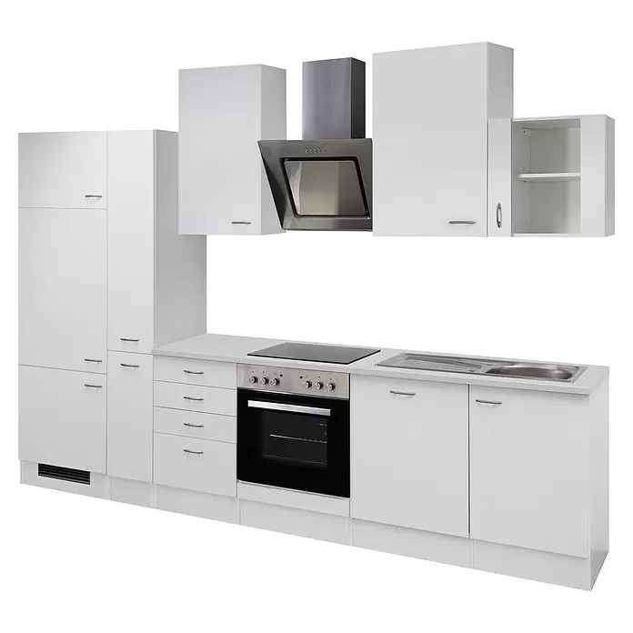 Flex-Well Wito Küchenzeile - Breite: 310 cm, Höhe: 234 cm, Weiß, Mit Elektrogeräten - Weiße modulare Küchenzeile mit Edelstahl-Ofen, Kochfeld, Spüle und Dunstabzugshaube.