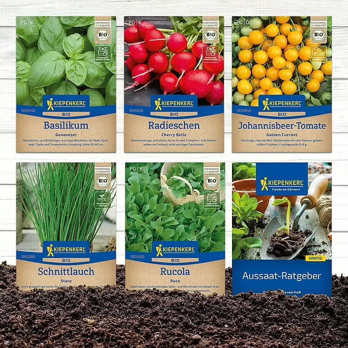 Kiepenkerl Saatgut Bundle Nachhaltiges Gärtnern - Mischung - Eine Auswahl Bio-Saatguttüten für Basilikum, Radieschen, Tomaten, Schnittlauch, Rucola und einem Aussaat-Ratgeber auf Erde.