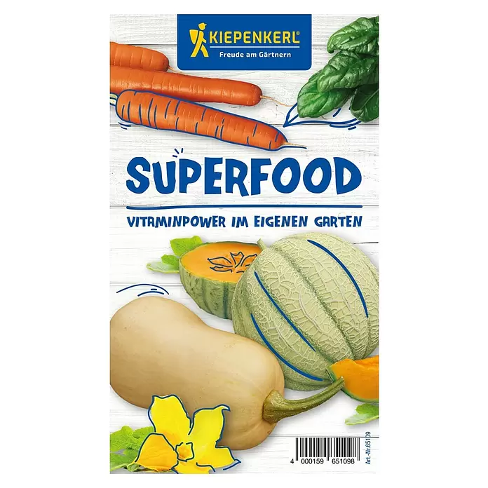 Kiepenkerl Saatgut Bundel Superfood - Mischung, 6 Stk. - Samentüte 'Superfood' mit Bildern von Karotten, Spinat, Kürbis und Melone. Marke KIEPENKERL.