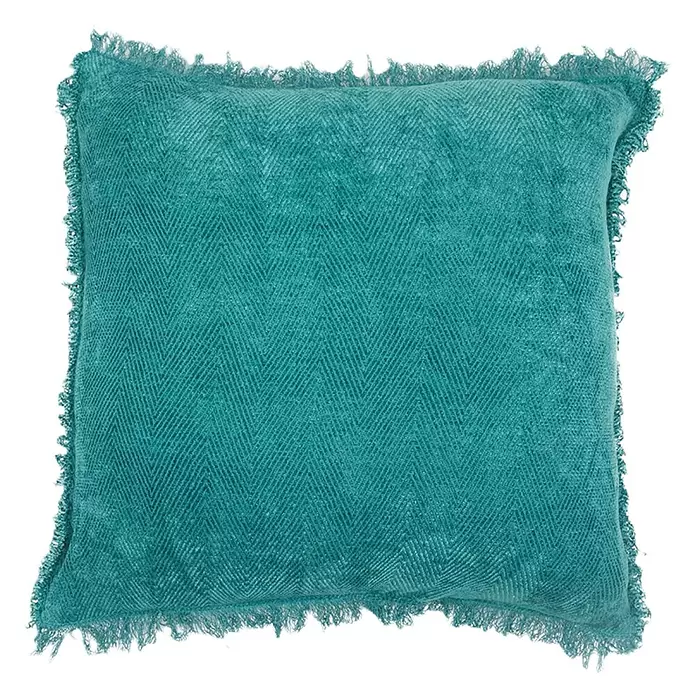 Kissen La Fortuna - Türkis, 45 x 45 cm, 67 % Viskose, 33 % Baumwolle - Türkises Kissen mit Fischgrätmuster und ausgefransten Kanten.