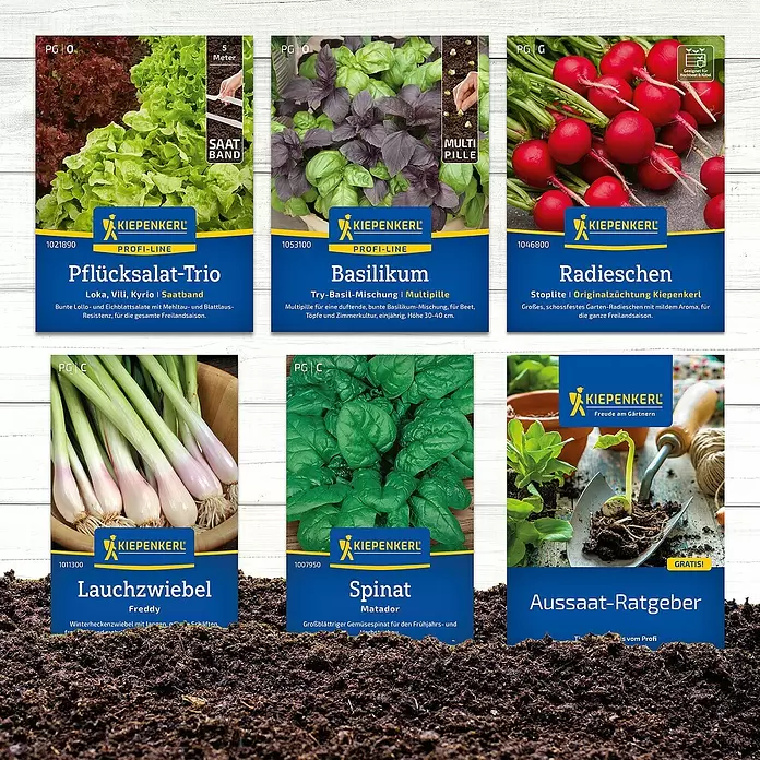 Kiepenkerl Saatgut Bundle Ruck-Zuck-Gemüse - Mischung, 6 Stk. - Sechs farbige Samenpäckchen für verschiedene Gemüsesorten wie Salat, Basilikum, Radieschen und Spinat, plus Aussaat-Ratgeber.
