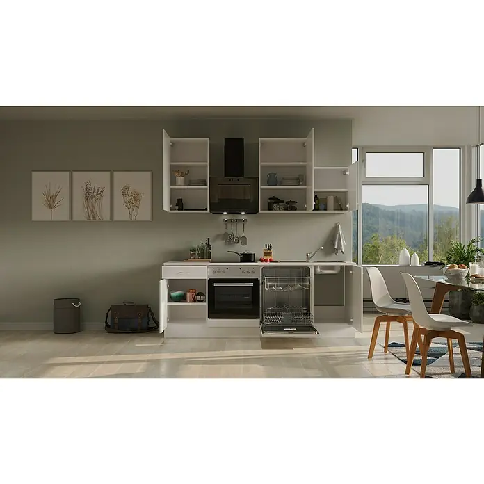 Flex-Well Wito Küchenzeile - Breite: 220 cm, Höhe: 234 cm, Weiß, Mit Elektrogeräten - Helles Küchendesign mit weißen Schränken, dunkler Dunstabzugshaube und Spülmaschine in einem modernen Raum mit viel Tageslicht.