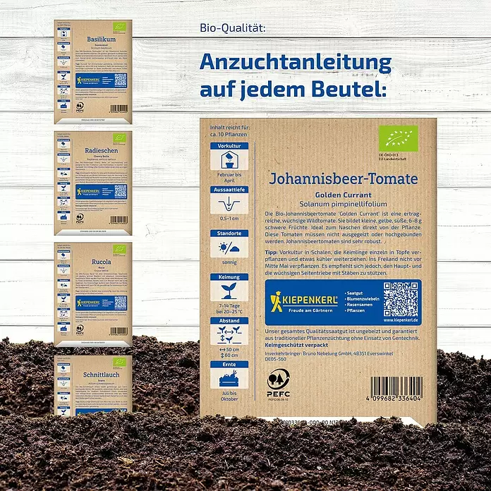 Kiepenkerl Saatgut Bundle Nachhaltiges Gärtnern - Mischung - Braune Samentüte für Johannisbeer-Tomaten mit detaillierten Anzuchtanleitungen und Produktinformationen.
