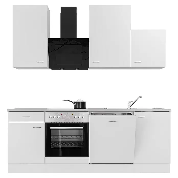 Flex-Well Wito Küchenzeile - Breite: 220 cm, Höhe: 234 cm, Weiß, Mit Elektrogeräten - Moderne weiße Küchenzeile mit schwarzer Dunstabzugshaube, Elektroherd, Spüle und Geschirrspüler.