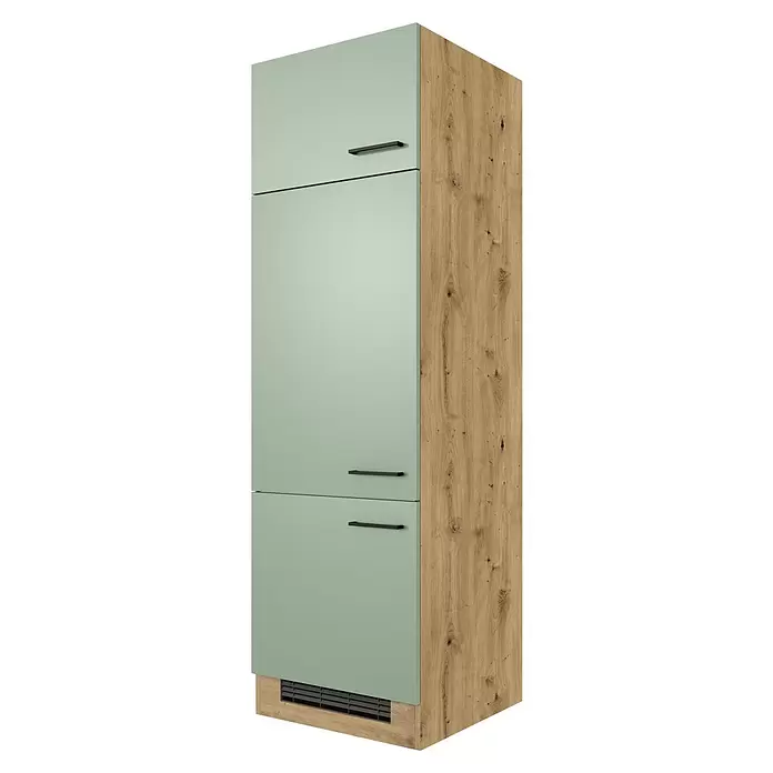 Flex-Well Cara Kühlumbauschrank - B x T x H: 50 x 57 x 200 cm, Grün - Minzgrüner und Holz-Küchengeräteschrank mit schwarzen Griffen und Lüftung.