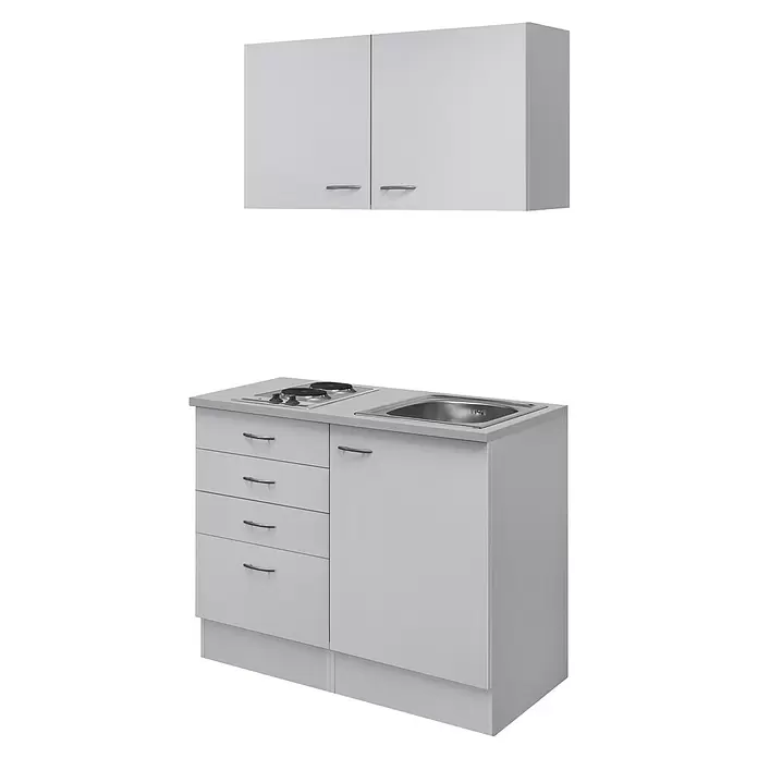 Flex-Well Wito Miniküche - Breite: 100 cm, Weiß, Mit Elektrogeräten - Weiße Küchenzeile mit Oberschrank, Arbeitsplatte mit zwei Kochfeldern und Spüle, sowie Unterschrank mit Schubladen und Tür.