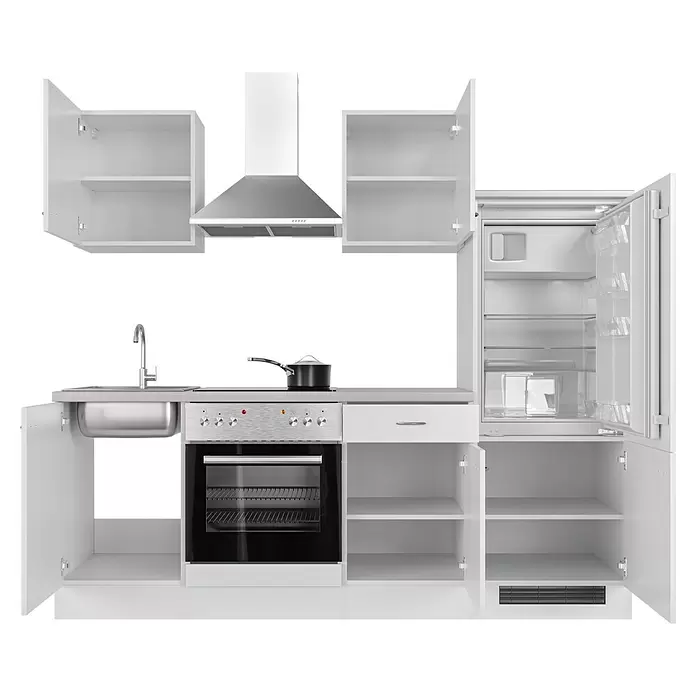 Flex-Well Wito Küchenzeile Typ 1 - Breite: 220 cm, Höhe: 200 cm, Weiß, Mit Elektrogeräten - Moderne weiße Küchenzeile mit offenen Schränken, Spüle, Herd, Backofen, Dunstabzugshaube und offenem Kühlschrank.