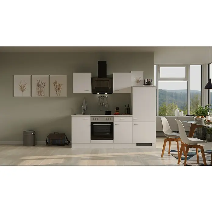Flex-Well Wito Küchenzeile - Breite: 220 cm, Höhe: 200 cm, Weiß, Mit Elektrogeräten - Eine moderne Küche mit weißen Schränken, schwarzer Dunstabzugshaube und hellen Holzböden, die ein sauberes und stilvolles Ambiente ausstrahlt.