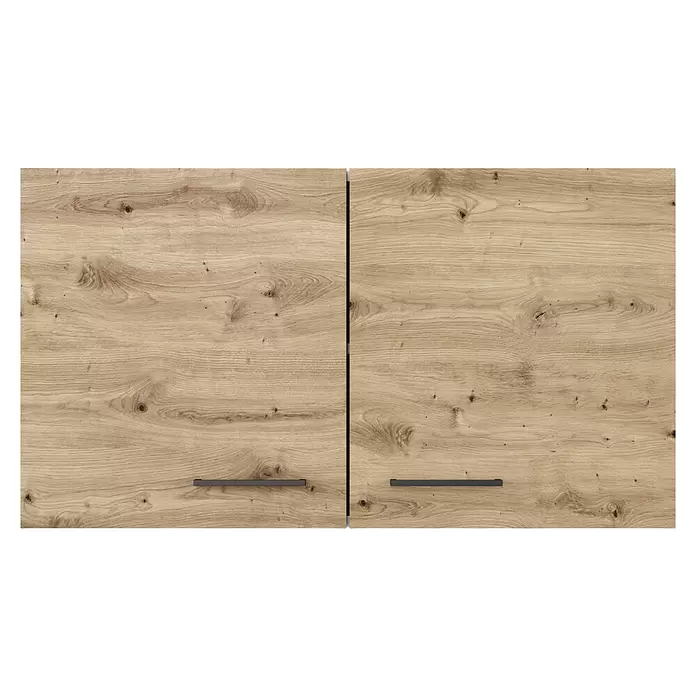 Flex-Well Cara Küchen-Hängeschrank - B x T x H: 100 x 32 x 54,8 cm, Eiche - Zwei helle Holzschranktüren mit natürlicher Maserung, Ästen und dunklen, horizontalen Griffen.