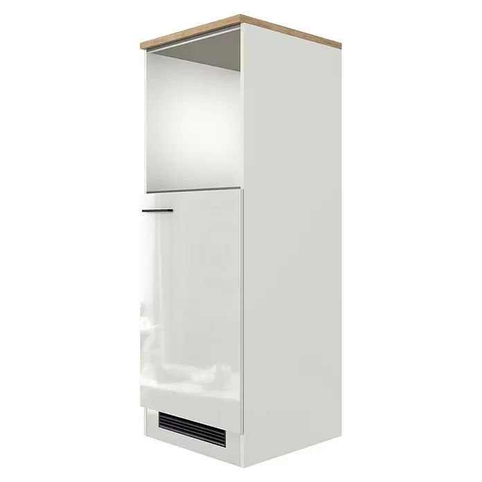 Flex-Well Lund Demi-Geräteumbauschrank - B x T x H: 60 x 57 x 169 cm, Lichtgrau - Hoher weißer Geräteschrank mit Holzoptik-Oberseite, offenem oberen Fach und glänzender Tür mit schwarzem Griff und Lüftungsgitter.