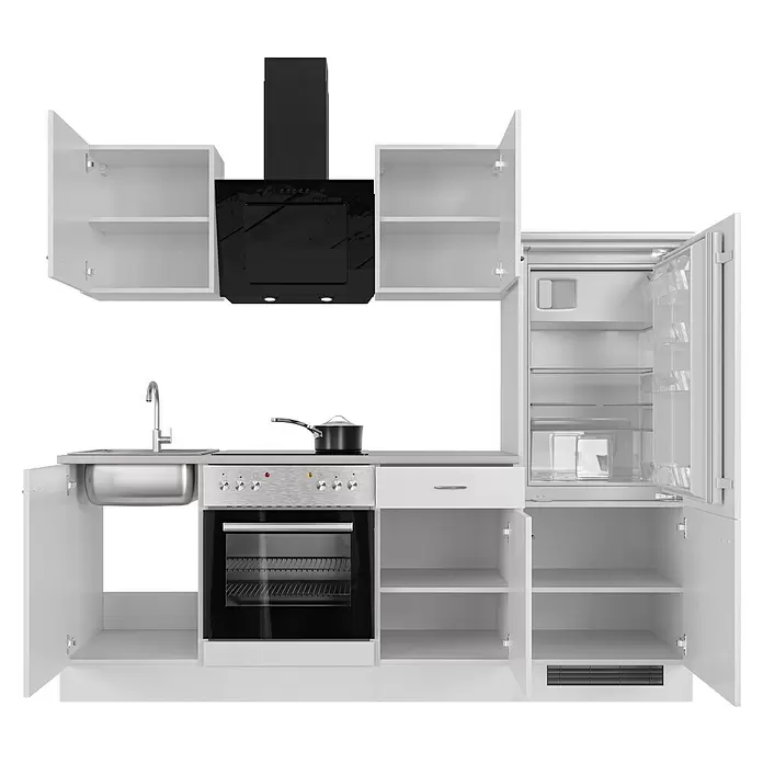 Flex-Well Wito Küchenzeile - Breite: 220 cm, Höhe: 200 cm, Weiß, Mit Elektrogeräten - Weiße Küchenzeile mit schwarzer Dunstabzugshaube, Backofen, Spüle und offenem Kühlschrank mit leeren Fächern.