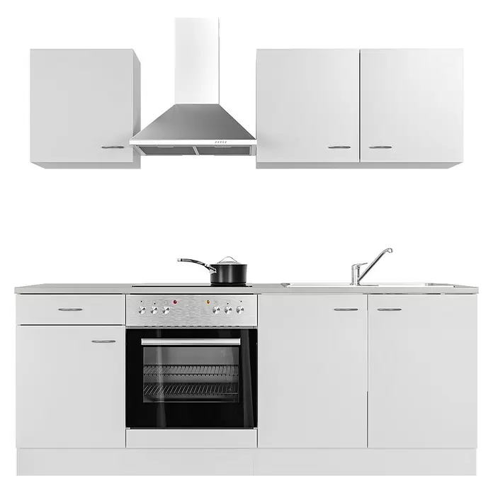 Flex-Well Wito Singleküche - Breite: 210 cm, Weiß, Mit Elektrogeräten - Weiße Küchenzeile mit integriertem Edelstahlbackofen, Kochfeld, Spüle und Dunstabzugshaube. Mit weißen Schränken und Schubladen.