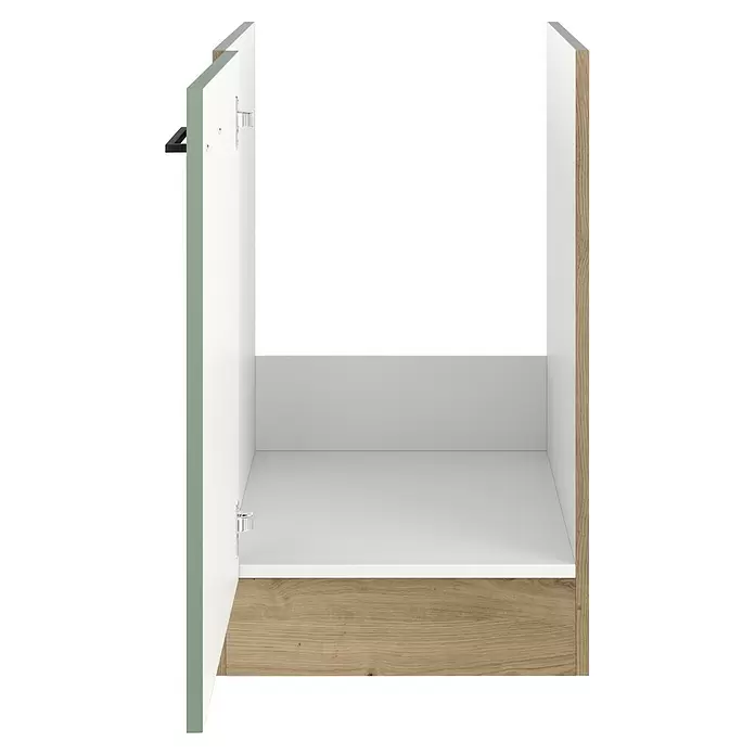 Flex-Well Cara Spülenunterschrank - B x T x H: 50 x 57 x 82 cm, Grün - Offener Wandschrank mit hellem Holzboden, weißem Innenraum und hellgrüner Türkante.