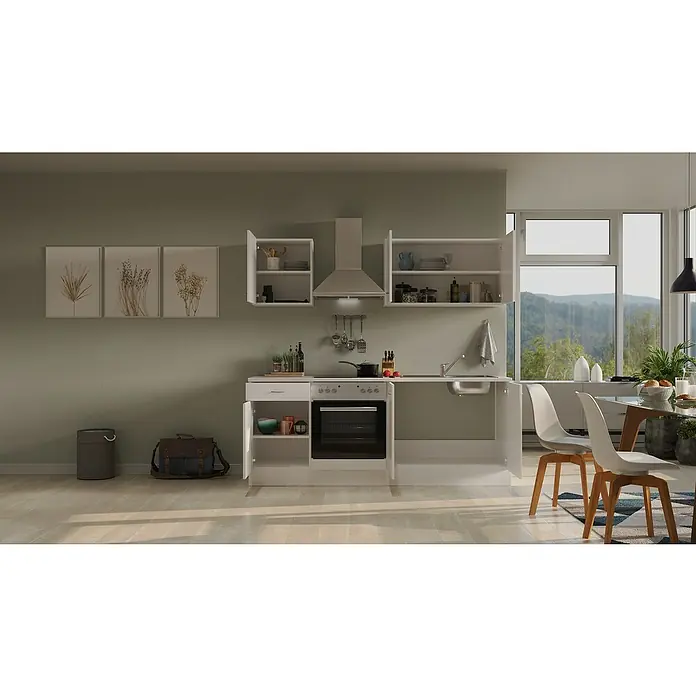 Flex-Well Wito Singleküche - Breite: 210 cm, Weiß, Mit Elektrogeräten - Helle Küche mit weißen Schränken, Edelstahl-Dunstabzugshaube und Blick ins Grüne. Moderne Einrichtung für ein stilvolles Zuhause.