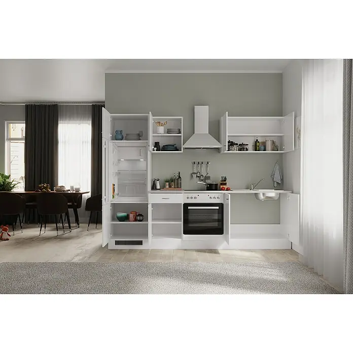Flex-Well Wito Küchenzeile Typ 1 - Breite: 270 cm, Höhe: 200 cm, Weiß, Mit Elektrogeräten - Das Bild zeigt eine kompakte, moderne Küche in Weiß mit geöffneten Schränken, die Stauraum und Geräte präsentiert.