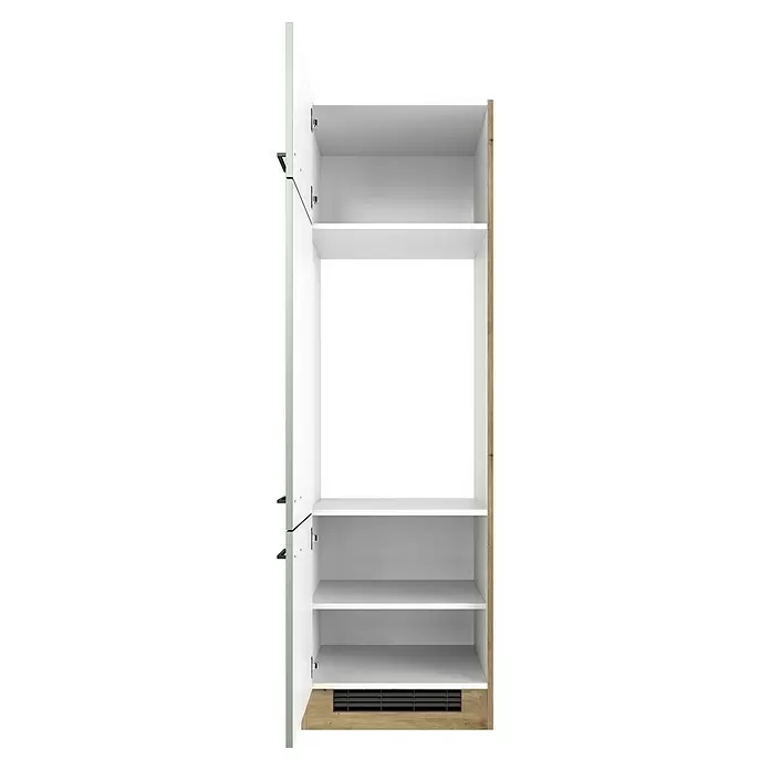 Flex-Well Cara Kühlumbauschrank - B x T x H: 50 x 57 x 200 cm, Grün - Offener weißer Schrank mit hellen Holzseiten, mehreren Regalböden, zwei geöffneten Türen, schwarzen Griffen und Lüftungsgitter.