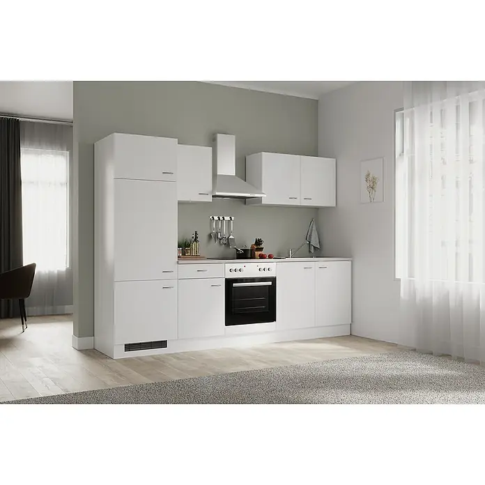 Flex-Well Wito Küchenzeile Typ 1 - Breite: 270 cm, Höhe: 200 cm, Weiß, Mit Elektrogeräten - Eine moderne, voll ausgestattete weiße Küche mit einem großen Schrank, Hängeschränken und einer Spüle unter einem Fenster.
