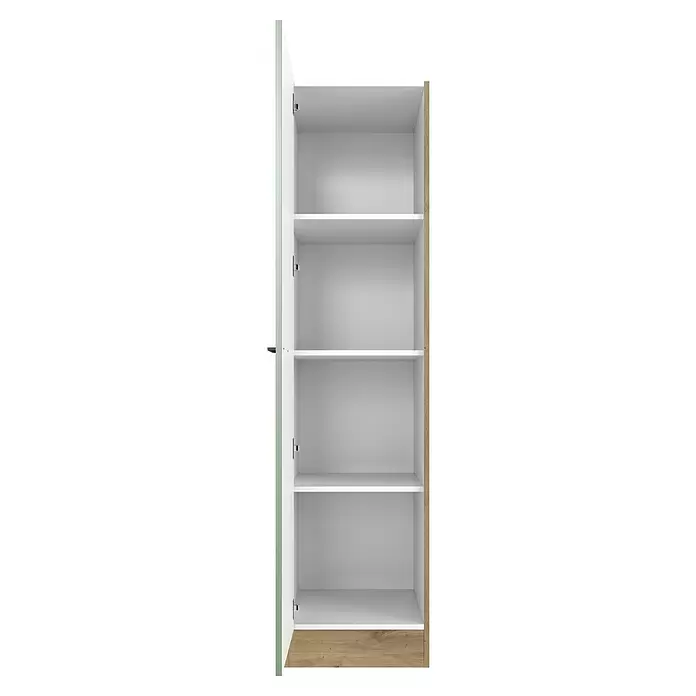 Flex-Well Cara Geschirrschrank - B x T x H: 50 x 57 x 200 cm, Grün - Offener Schrank mit weißen Einlegeböden und hellen Holz-Akzenten.