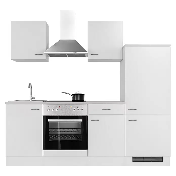 Flex-Well Wito Küchenzeile Typ 1 - Breite: 220 cm, Höhe: 200 cm, Weiß, Mit Elektrogeräten - Moderne weiße Küchenzeile mit Spüle, Herd, Backofen, Dunstabzugshaube und Hochschrank.