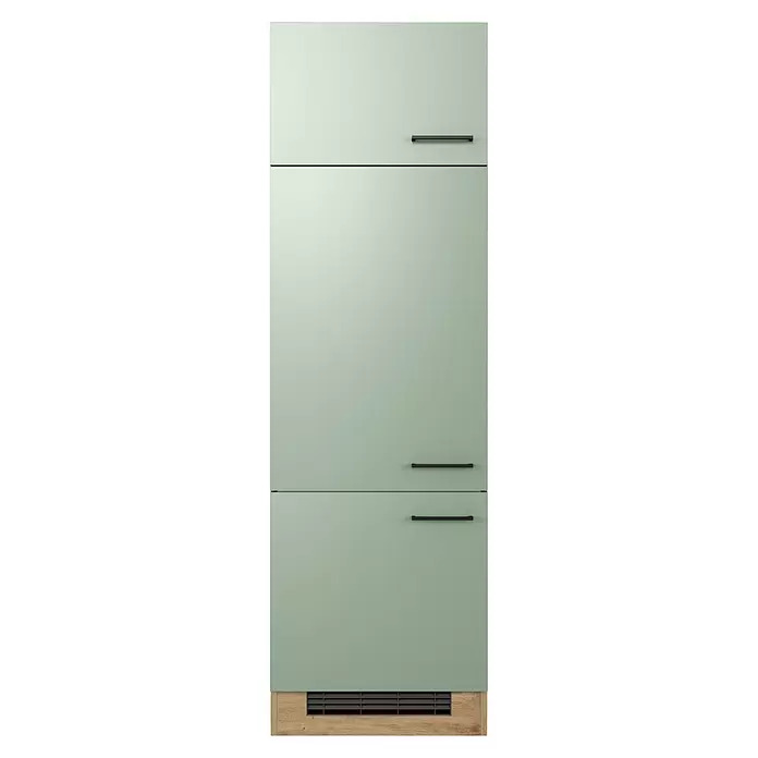 Flex-Well Cara Kühlumbauschrank - B x T x H: 50 x 57 x 200 cm, Grün - Salbeigrüner Küchenschrank mit schwarzen Griffen, schwarzem Lüftungsgitter und Holzsockel.