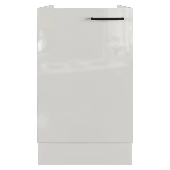 Flex-Well Lund Spülenunterschrank - B x T x H: 50 x 57 x 82 cm, Lichtgrau - Glänzende hellgraue Küchenschranktür mit einem schwarzen horizontalen Griff.
