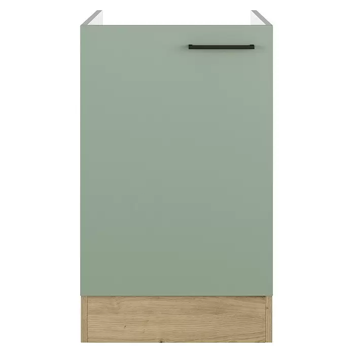 Flex-Well Cara Spülenunterschrank - B x T x H: 50 x 57 x 82 cm, Grün - Salbeigrüner Küchenschrankfront mit hellem Holzsockel und schwarzem Griff.