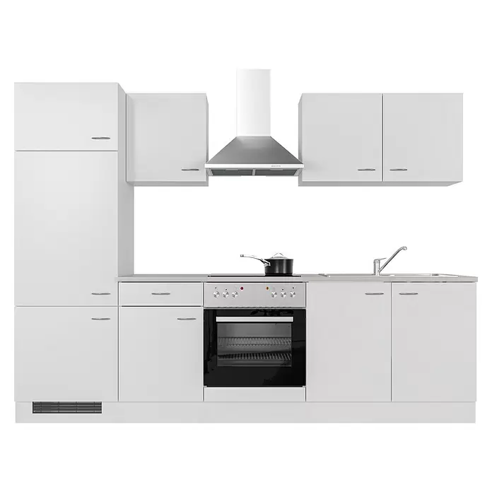 Flex-Well Wito Küchenzeile Typ 1 - Breite: 270 cm, Höhe: 200 cm, Weiß, Mit Elektrogeräten - Weiße Küchenzeile mit silbernem Herd, Backofen, Spüle und Dunstabzugshaube. Ein schwarzer Topf steht auf dem Herd.