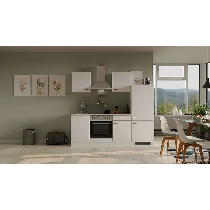 Flex-Well Wito Küchenzeile Typ 1 - Breite: 220 cm, Höhe: 200 cm, Weiß, Mit Elektrogeräten - Helle Küche mit weißen Schränken, Edelstahl-Dunstabzugshaube und Essbereich am Fenster. Das Design ist modern und minimalistisch.