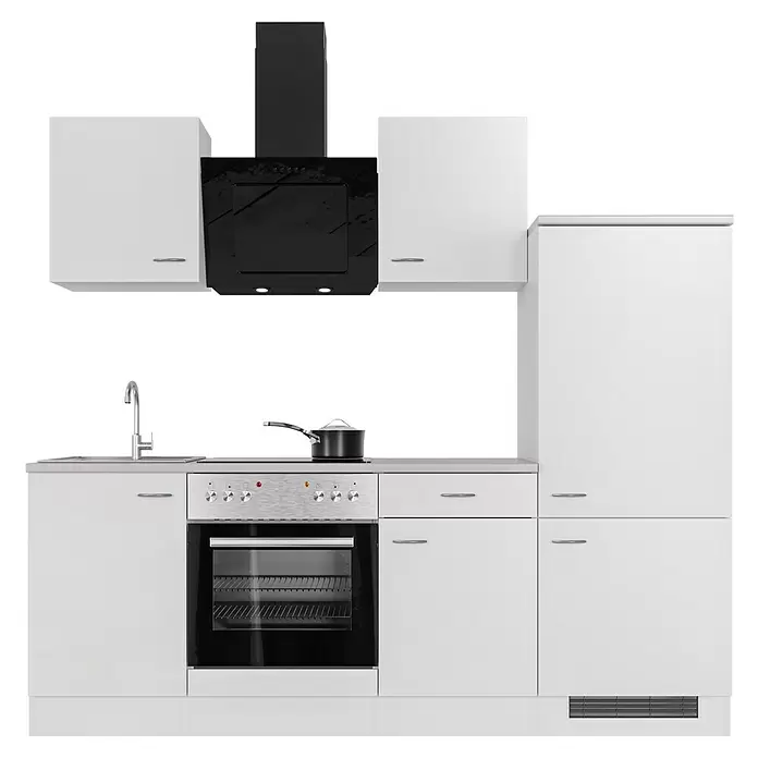 Flex-Well Wito Küchenzeile - Breite: 220 cm, Höhe: 200 cm, Weiß, Mit Elektrogeräten - Moderne weiße Küchenzeile mit schwarzen Geräten, Spüle und integriertem Backofen. Ein Topf steht auf dem Kochfeld.