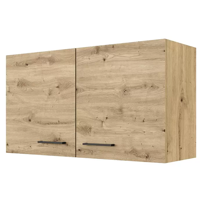 Flex-Well Cara Küchen-Hängeschrank - B x T x H: 100 x 32 x 54,8 cm, Eiche - Zwei hellbraune Küchenhängeschränke aus Holz mit natürlicher Holzmaserung und dunklen horizontalen Griffen.