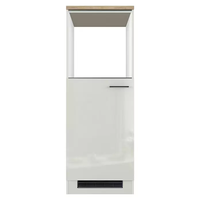 Flex-Well Lund Demi-Geräteumbauschrank - B x T x H: 60 x 57 x 169 cm, Lichtgrau - Weißer Schrank mit Holzplatte, offener grau hinterlegter Nische, schwarzem Griff und Lüftungsgitter.