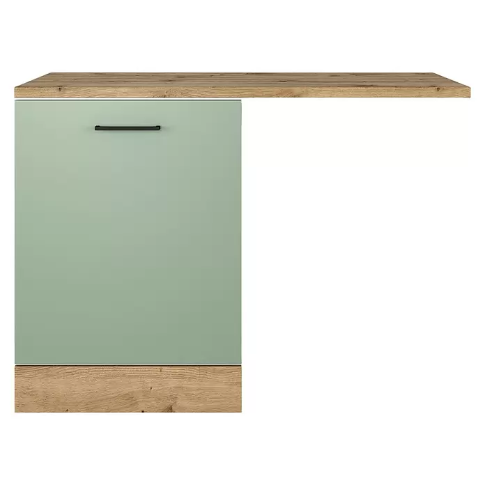 Flex-Well Cara Geschirrspülerfront - B x T x H: 110 x 60 x 85 cm, Grün - Küchenunterschrank mit Holzplatte und Sockel, hellgrüner Tür und schwarzem Griff.