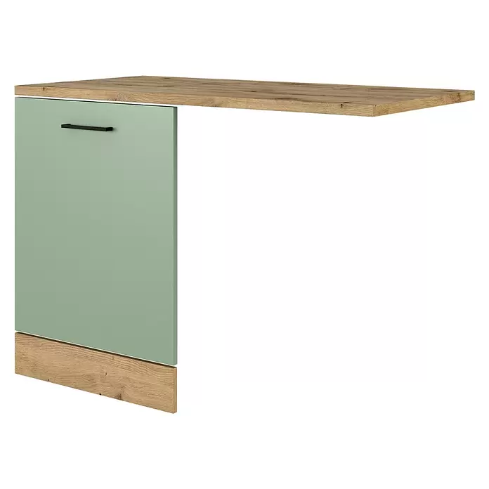Flex-Well Cara Geschirrspülerfront - B x T x H: 110 x 60 x 85 cm, Grün - Hellgrüner Schrank mit Holzoptik-Platte und Sockel, ausgestattet mit einer Tür und schwarzem Griff.